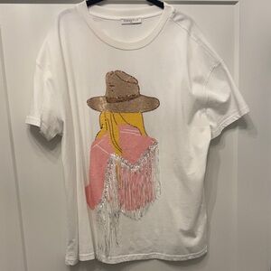 Trendy White Graphic Tee with Fringe